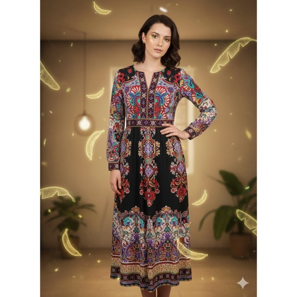ECI New York Floral Women's Dress Size 4 Multicolor Long Sleeve Colorful Retro - Picture 1 of 13